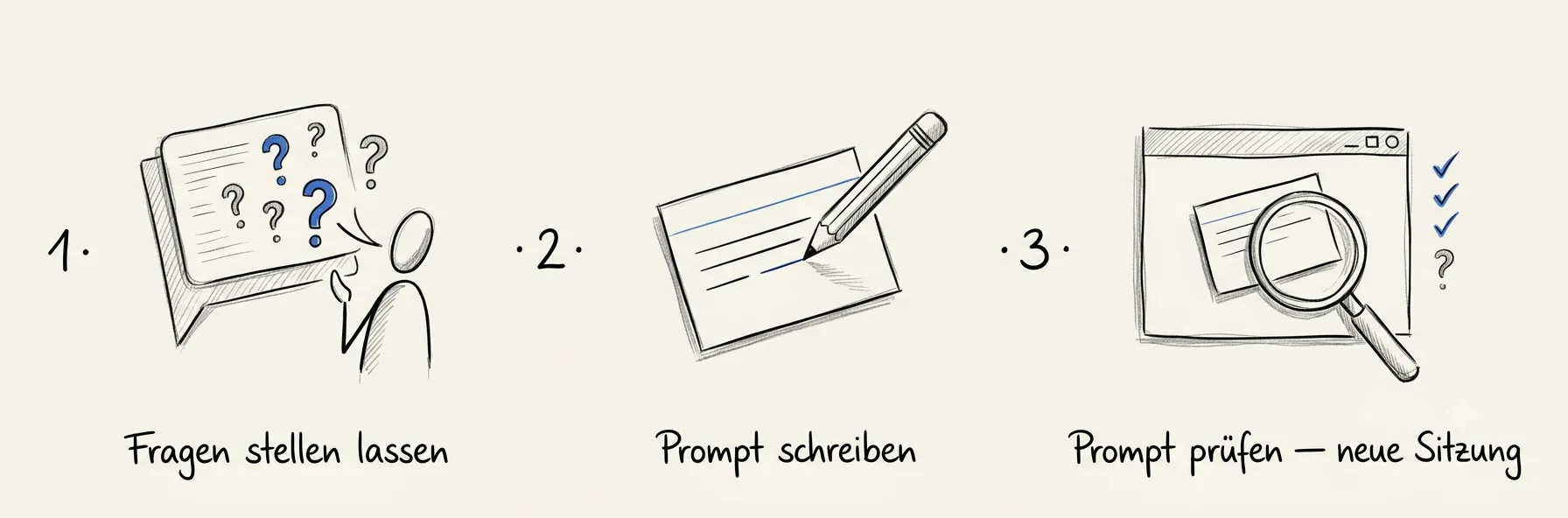 Skizze der drei Schritte: 1. Fragen stellen lassen, 2. Prompt schreiben, 3. Prompt in einer neuen Sitzung prüfen.